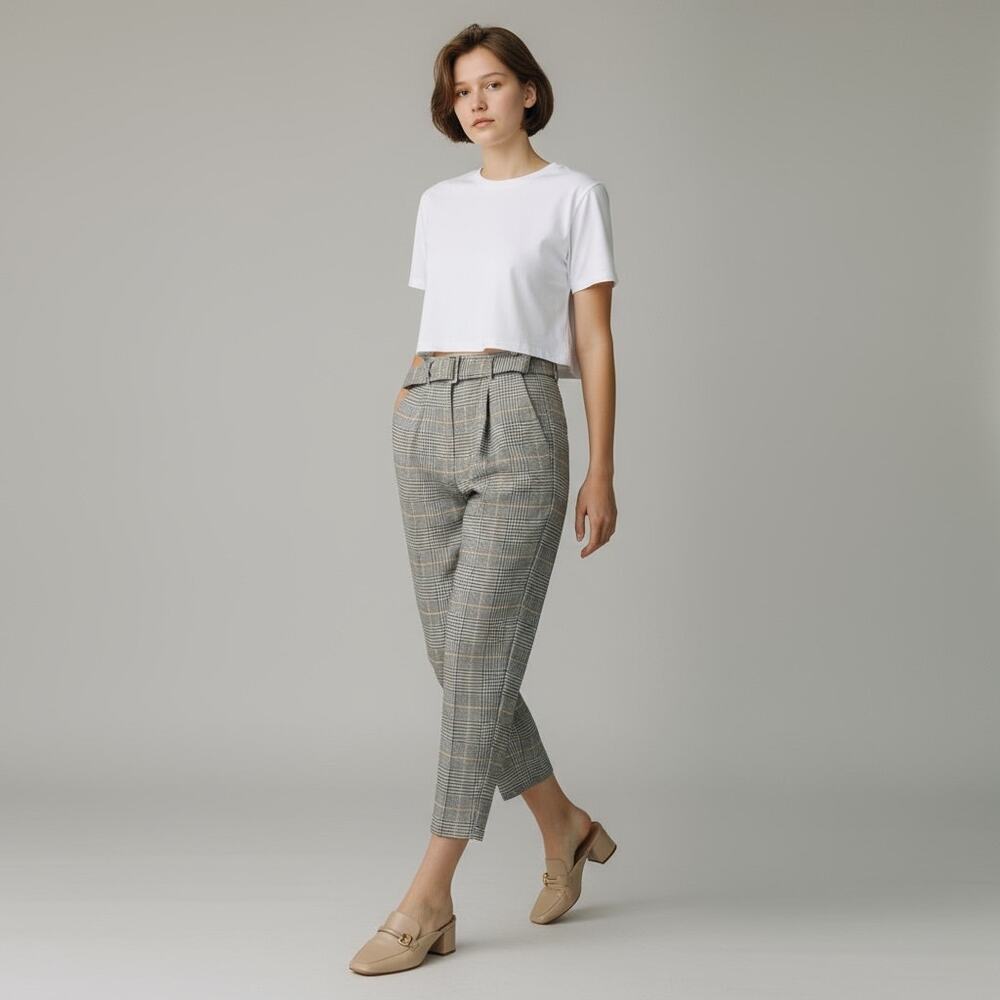 Ann Taylor Cropped Dress Pants Glen Plaid Belted Tapered Tan Preppy Womens 4P‎